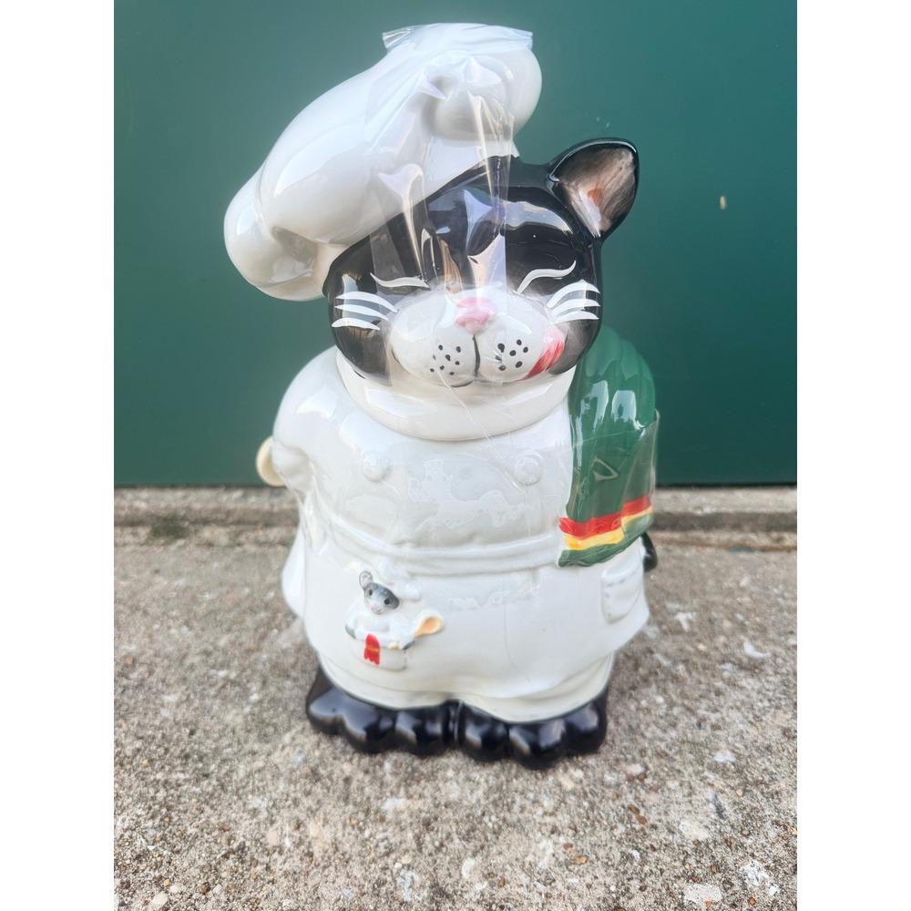 Vintage Tuxedo Cat Chef Ceramic Cookie Jar with Mouse in Pocket White Black 11in
